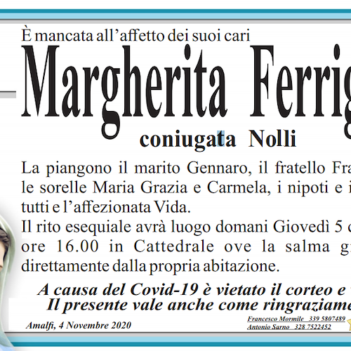 Amalfi piange la scomparsa di Margherita Ferrigno: domani i funerali 