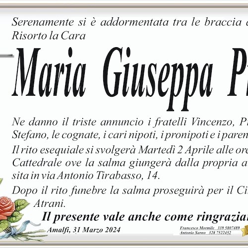 Amalfi piange la scomparsa di Maria Giuseppa Proto. Martedì i funerali