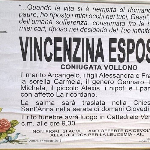 Amalfi piange la scomparsa di Vincenzina Esposito