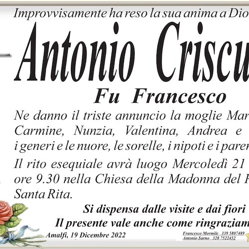 Amalfi piange la scomparsa improvvisa del signor Antonio Criscuolo