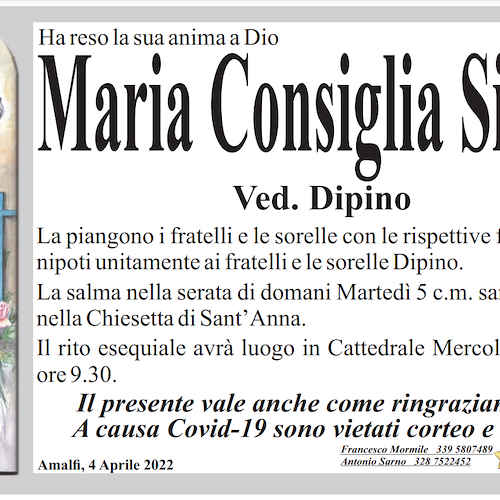 Amalfi piange la signora Maria Consiglia Siani, vedova Dipino