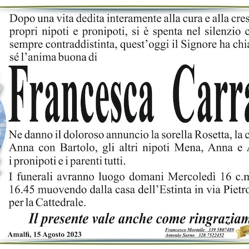 Amalfi porge il suo ultimo saluto alla cara Francesca Carrano