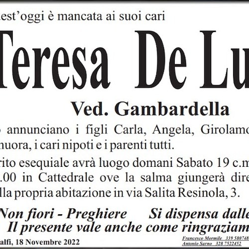 Amalfi porge l'ultimo saluto a Teresa De Luca, vedova Gambardella