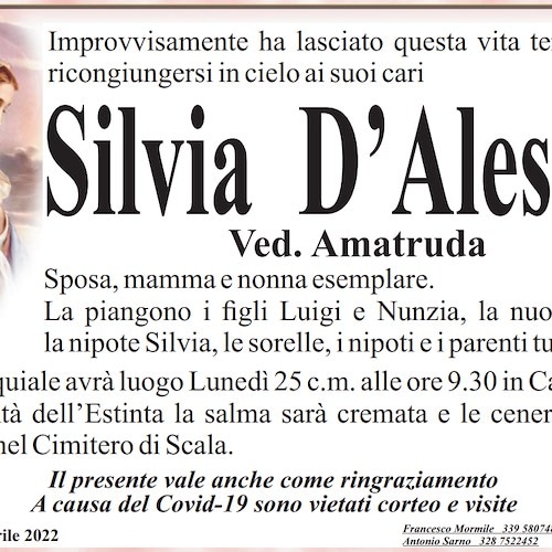 Amalfi porge l'ultimo saluto alla cara Silvia D'Alessio, vedova Amatruda