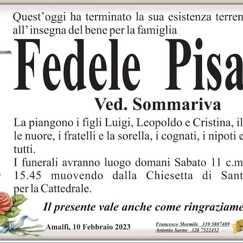Amalfi porge l'ultimo saluto alla signora Fedele Pisani, vedova Sommariva