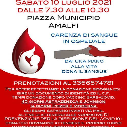Amalfi risponde ad appello donazione sangue: 10 luglio giornata di raccolta