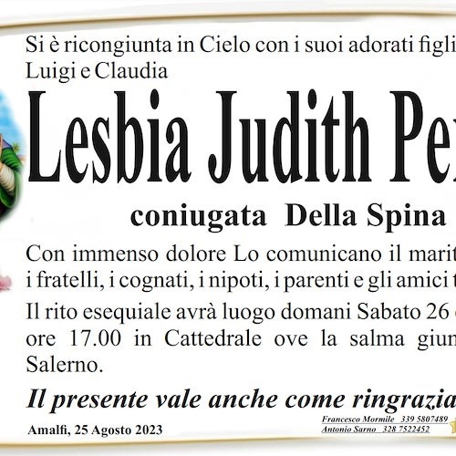 Amalfi: si è spenta a 60 anni la signora Lesbia Judith Perez, coniugata Della Spina