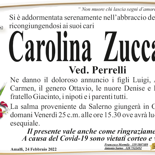 Amalfi: si è spenta la signora Carolina Zuccaro, vedova Perrelli