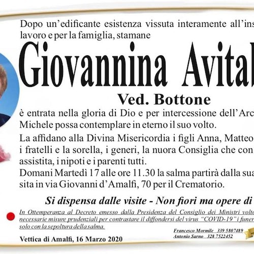 Amalfi: si è spenta la signora Giovanna Avitabile, madre di Matteo Bottone