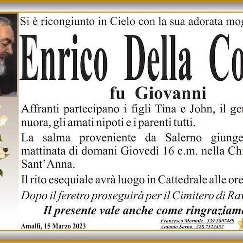 Amalfi, si è spento a 95 anni Enrico Della Corte: ha raggiunto la sua Rosa scomparsa due giorni fa