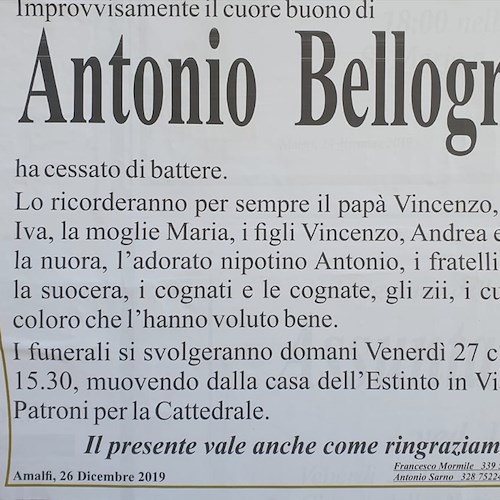 Amalfi, tristezza per la morte improvvisa di Antonio Bellogrado