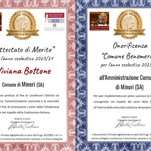 AssoGiovani premia il Comune di Minori e il consigliere Viviana Bottone per aver promosso i valori della Cittadinanza consapevole 