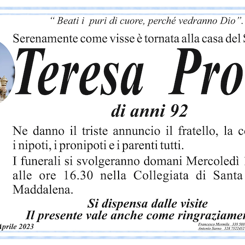 Atrani dice addio a Teresa Proto. Aveva 92 anni