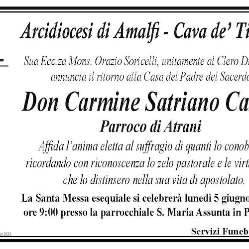 Atrani, lunedì 5 giugno lutto cittadino per la morte di Padre Carmine Satriano Casola