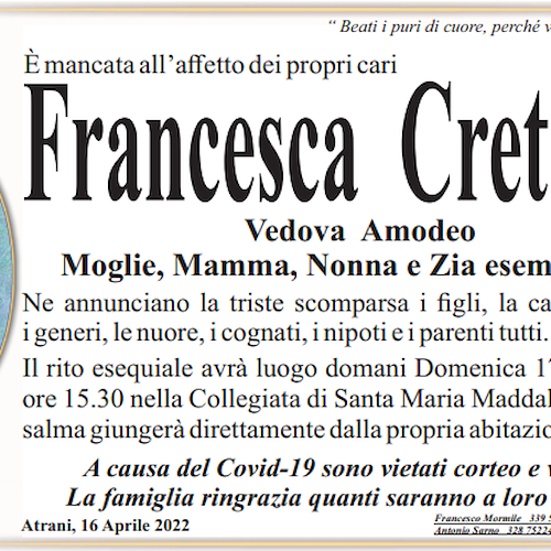 Atrani: si è spenta Francesca Cretella, vedova Amodeo 