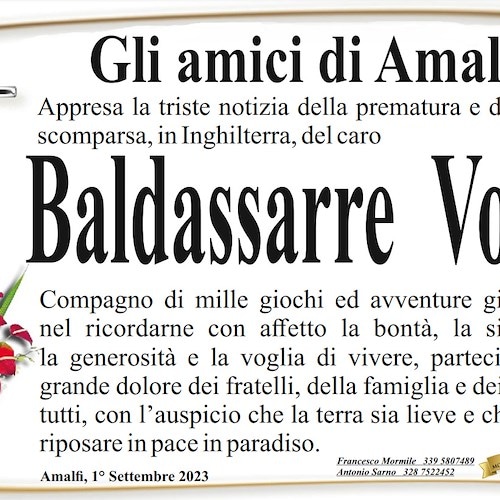 Baldassarre Volta si è spento prematuramente in Inghilterra: il cordoglio degli amici di Amalfi 