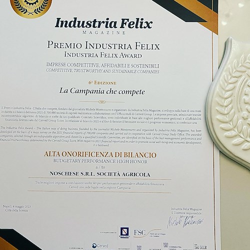 Battipaglia, la Noschese S.r.l. riceve l’Alta Onorificenza di Bilancio al Premio Industria Felix