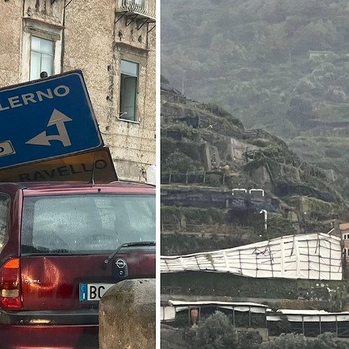 Bomba d'acqua in Costa d'Amalfi, vento forte danneggia cartelli stradali e sale esterne