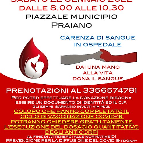 Carenza di sangue negli ospedali, Praiano risponde all'appello di AVIS: 22 gennaio autoemoteca in piazza