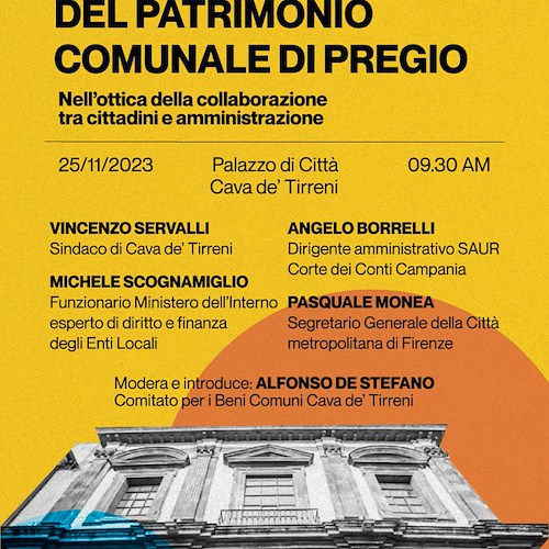 Cava de' Tirreni, 25 novembre convegno a Palazzo di Città a difesa del patrimonio comunale