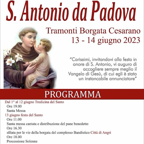Cesarano di Tramonti celebra Sant’Antonio da Padova: ecco il programma dei festeggiamenti