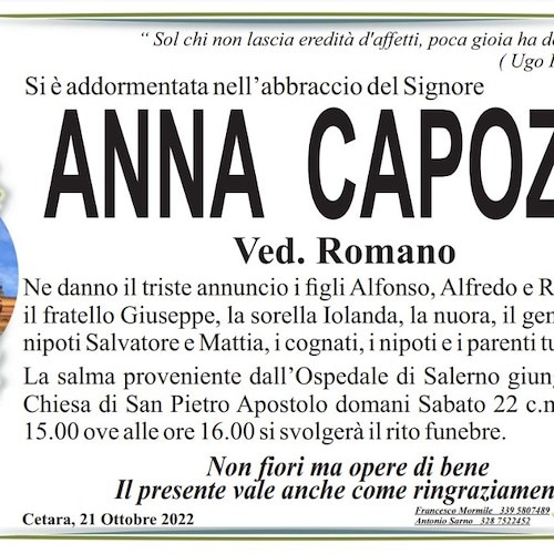 Cetara piange la morte di Anna Capozzi, la vedova Romano aveva 85 anni