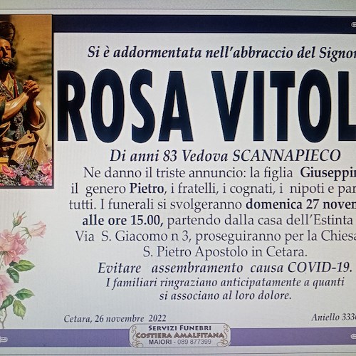 Cetara piange la scomparsa della signora Rosa Vitolo, vedova Scannapieco
