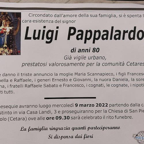 Cetara piange la scomparsa di Luigi Pappalardo, storico e amato vigile urbano