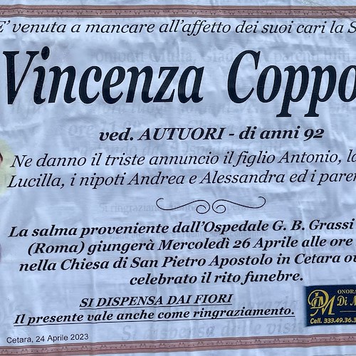 Cetara porge l'ultimo saluto a Vincenza Coppola, aveva 92 anni