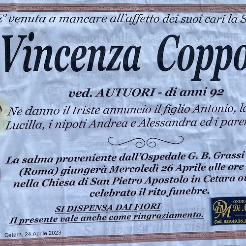 Cetara porge l'ultimo saluto a Vincenza Coppola, aveva 92 anni