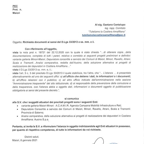 Comitato “Tuteliamo la Costiera Amalfitana”: «Comune Maiori nega gli atti sul depuratore» 