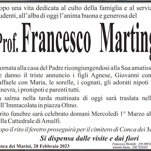 Conca dei Marini e la Costa d’Amalfi piangono la scomparsa del prof. Francesco Martingano