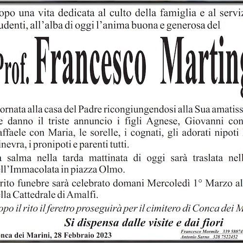Conca dei Marini e la Costa d’Amalfi piangono la scomparsa del prof. Francesco Martingano