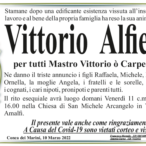 Conca dei Marini piange la scomparsa di Vittorio Alfieri, per tutti Mastro Vittorio o’ Carpentier’