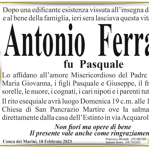 Conca dei Marini piange per la morte di Antonio Ferrara, aveva 89 anni