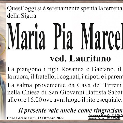 Conca dei Marini, si è spenta la terrena esistenza della signora Maria Pia Marcellino