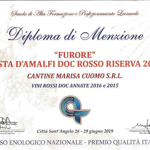 Concorso Enologico Nazionale "Premio Qualità Italia": menzioni di merito per Cantine Marisa Cuomo