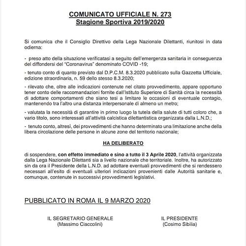 Costa d'Amalfi, nuovo stop: campionato sospeso fino al 3 aprile 