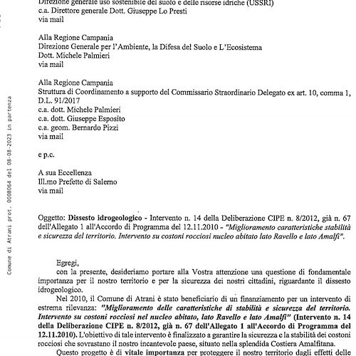 Dissesto idrogeologico: Atrani sollecita Enti coinvolti per realizzare i progetti per la mitigazione del rischio