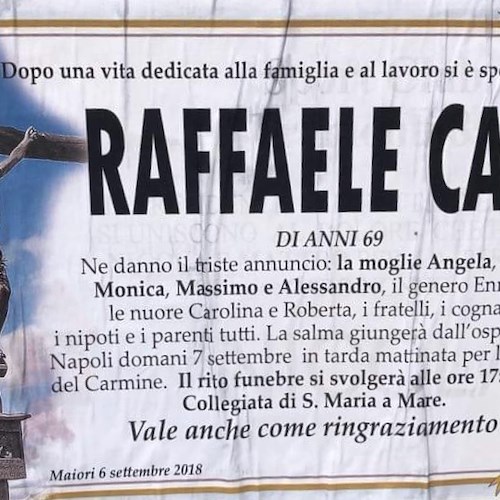 Dolore a Maiori per la morte di Raffaele Caso. Venerdì i funerali