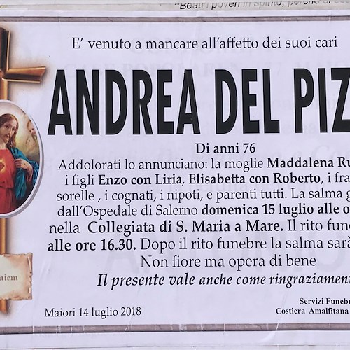 Dolore a Maiori per la scomparsa di Andrea Del Pizzo