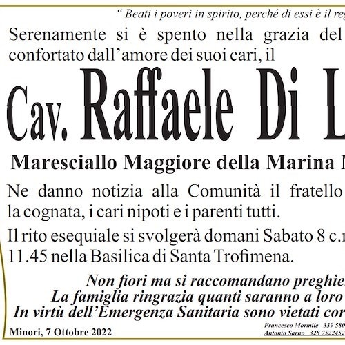 Dolore a Minori per la scomparsa di Raffaele Di Lieto, ex Maresciallo Maggiore della Marina Militare