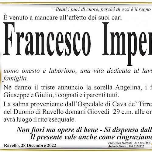 Dolore a Ravello per la scomparsa di Francesco Imperato, fratello di Don Peppino