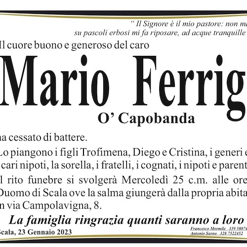 Dolore a Scala per la scomparsa di Mario Ferrigno, detto ‘O Capobanda
