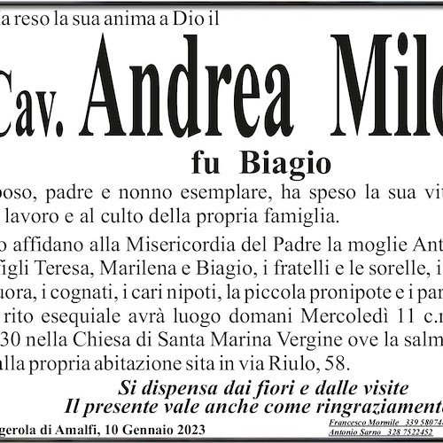 Dolore ad Amalfi per la scomparsa del Cavalier Andrea Milone, storico Direttore dell’Hotel Luna 