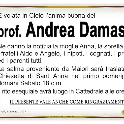 Dolore ad Amalfi per la scomparsa del prof. Andrea Damasco