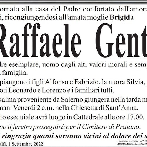 Dolore ad Amalfi per la scomparsa di Raffaele Gentile 