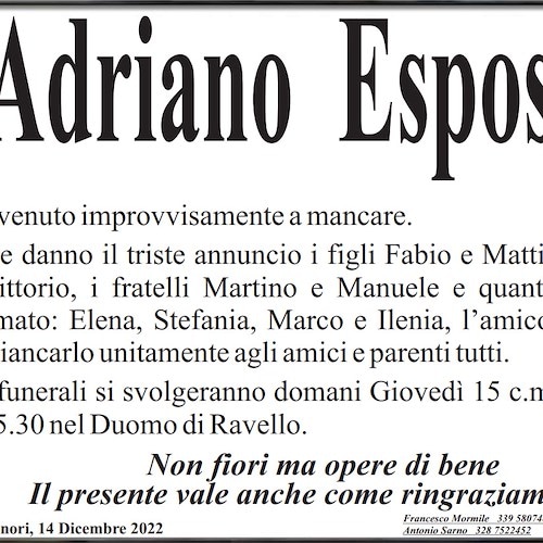 Dolore tra Ravello e Minori per la morte di Adriano Esposito. Un malore lo ha strappato alla vita a 51 anni
