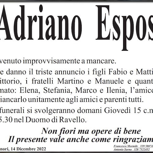 Dolore tra Ravello e Minori per la morte di Adriano Esposito. Un malore lo ha strappato alla vita a 51 anni