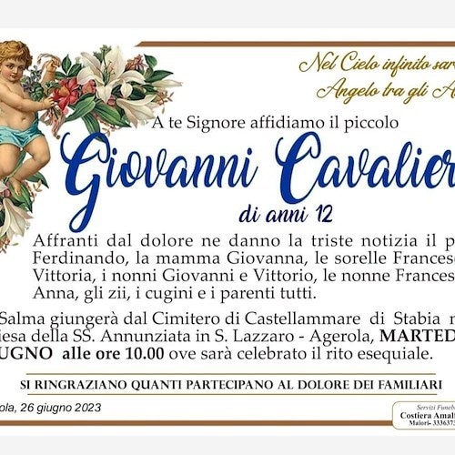 Domani 27 giugno l'ultimo saluto a Giovanni Cavaliere, il 12enne morto ad Agerola 